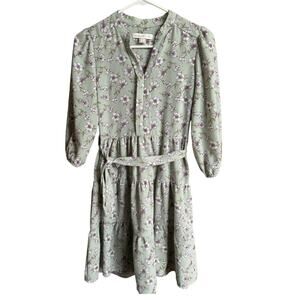 Monteau Los Angeles Green Floral Tiered Dress with belt & round neck size small